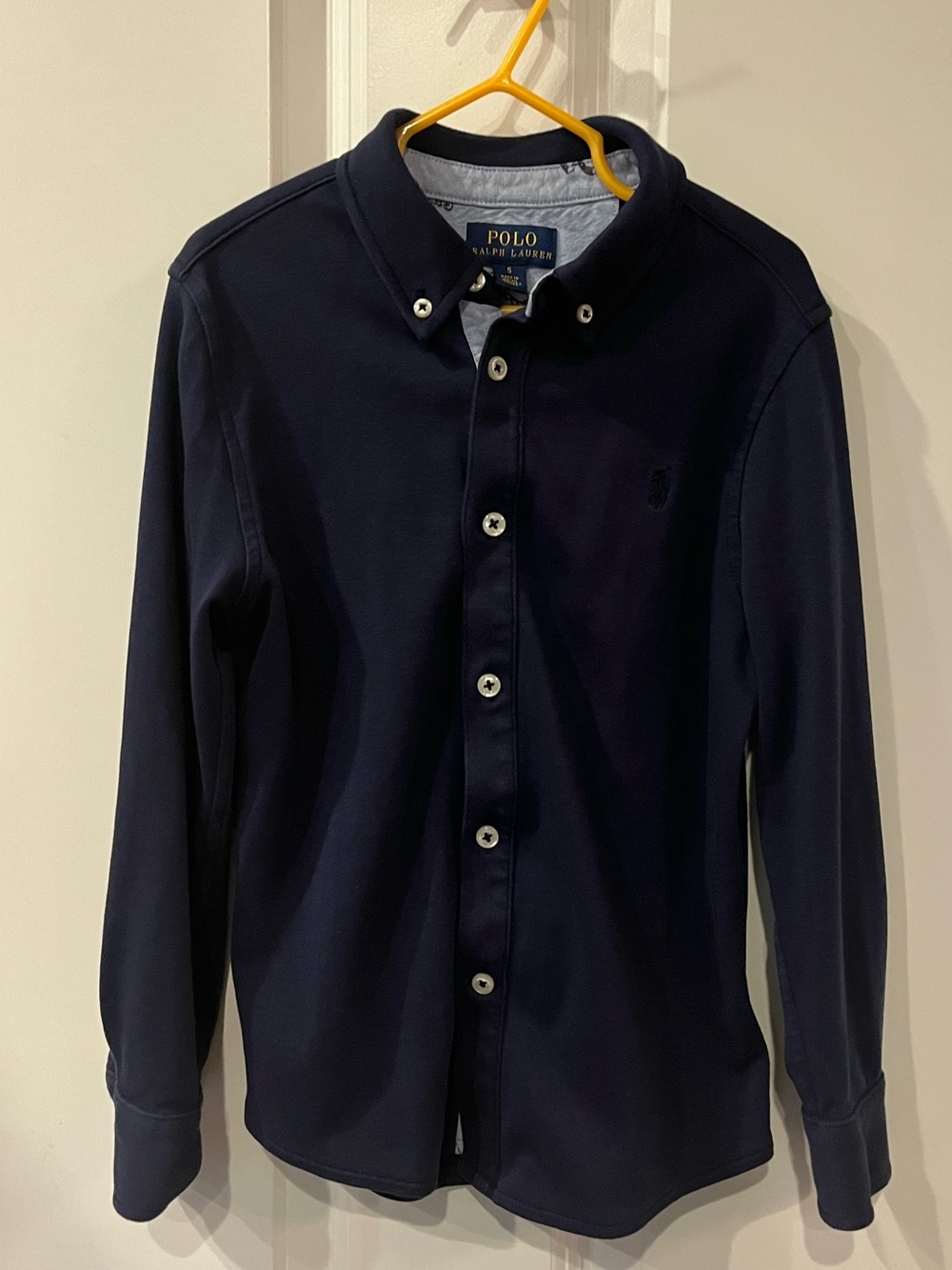 Polo by Ralph Lauren Navy Knit Cotton Jersey Button-Down Shirt, boys size 5